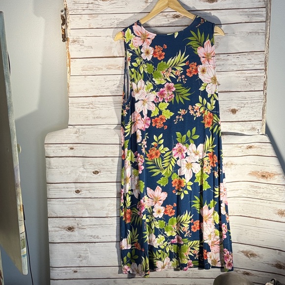 J.Jill Sleeveless Midi Blue Dress with Tropical Floral Design XL - Picture 3 of 11